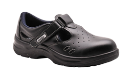 Portwest FW01 black safety sandal with perforated split leather upper, steel toe cap, hook-and-loop strap and dual-density PU outsole.
