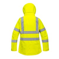 Women’s yellow Portwest LW70 hi‑vis breathable rain jacket with angled reflective tape and detachable hood