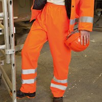Result RS22 orange waterproof hi‑vis trousers with reflective leg bands and drawcord waist