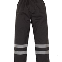 Yoko YK210 black hi‑vis waterproof overtrousers with reflective bands and stud‑adjustable hems