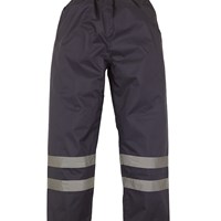 Yoko YK210 navy hi‑vis waterproof overtrousers with reflective bands and stud‑adjustable hems