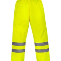 Yoko YK210 yellow hi‑vis waterproof overtrousers with reflective bands and stud‑adjustable hems
