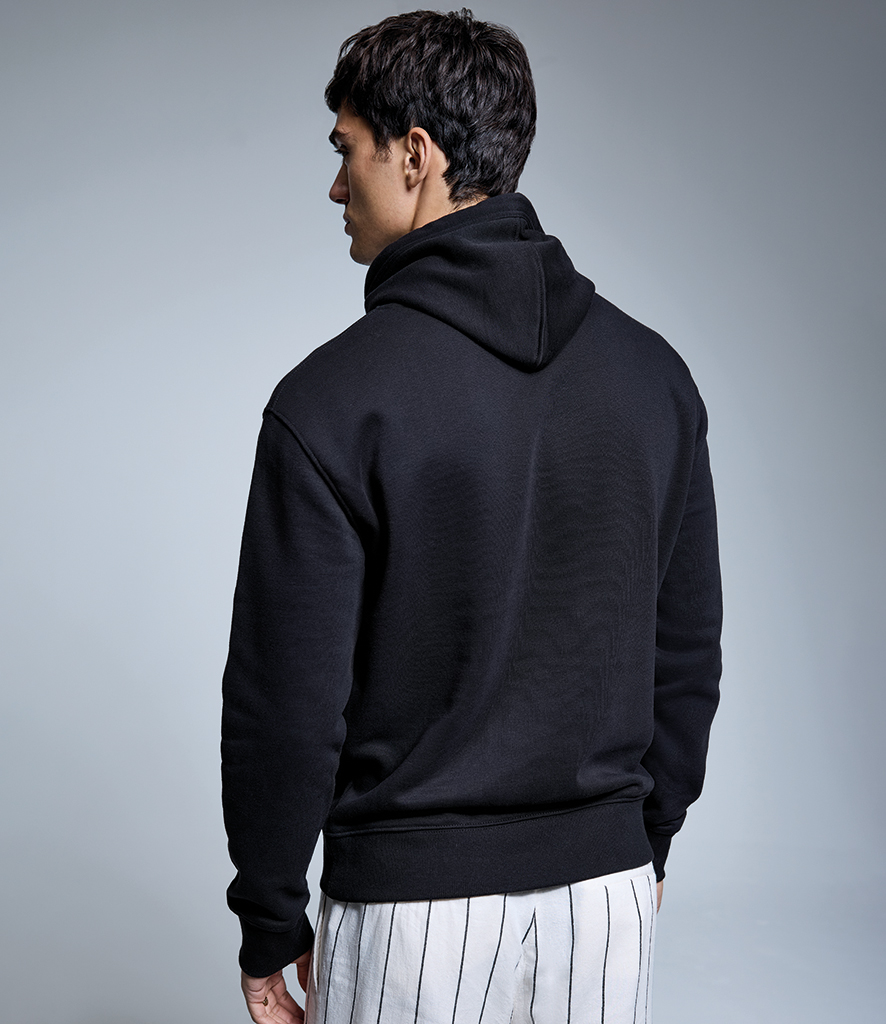 Anthem Organic Hoodie with heavyweight brushed fleece fabric, double fabric hood and modern slim fit design in black.