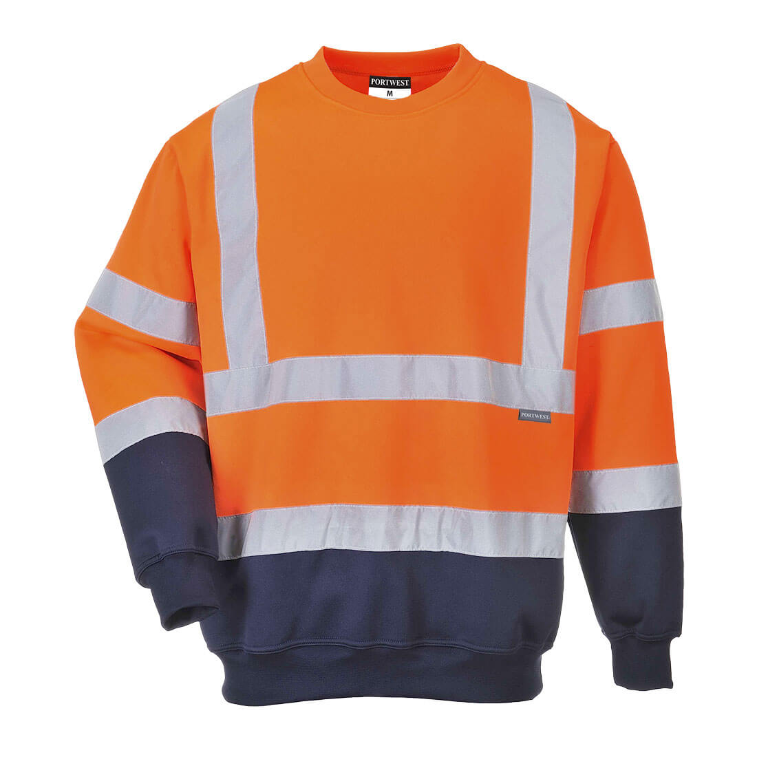 Portwest B306 hi-vis contrast sweatshirt with reflective tape, two-tone design in orange and navy front view.