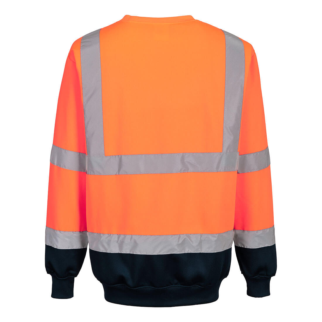Portwest B306 hi-vis contrast sweatshirt with reflective tape, two-tone design in orange and navy back view.
