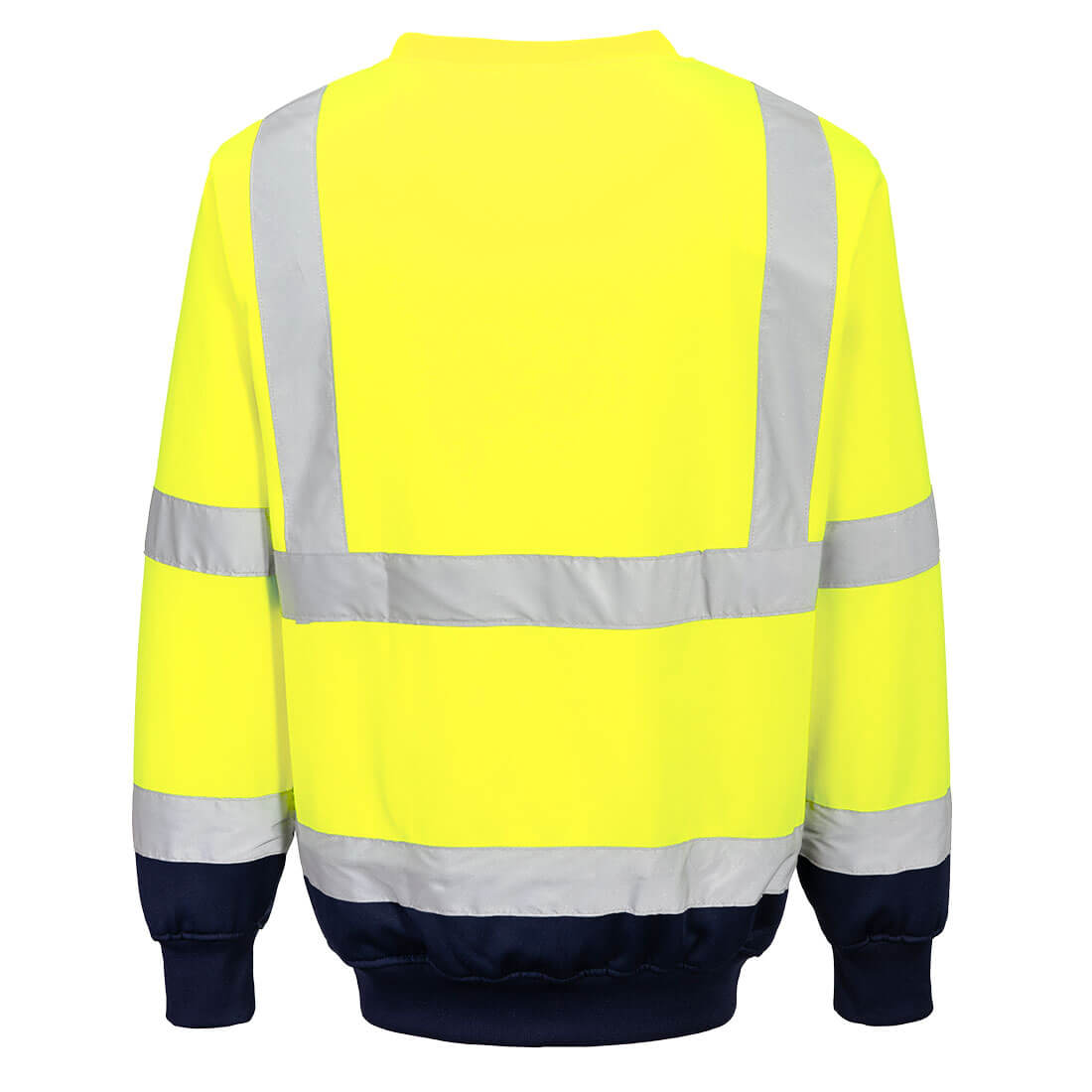 Portwest B306 hi-vis contrast sweatshirt with reflective tape, two-tone design in yellow and navy back view.