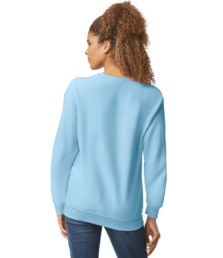 Gildan Heavy Blend sweatshirt classic crew neck design in light blue back view.