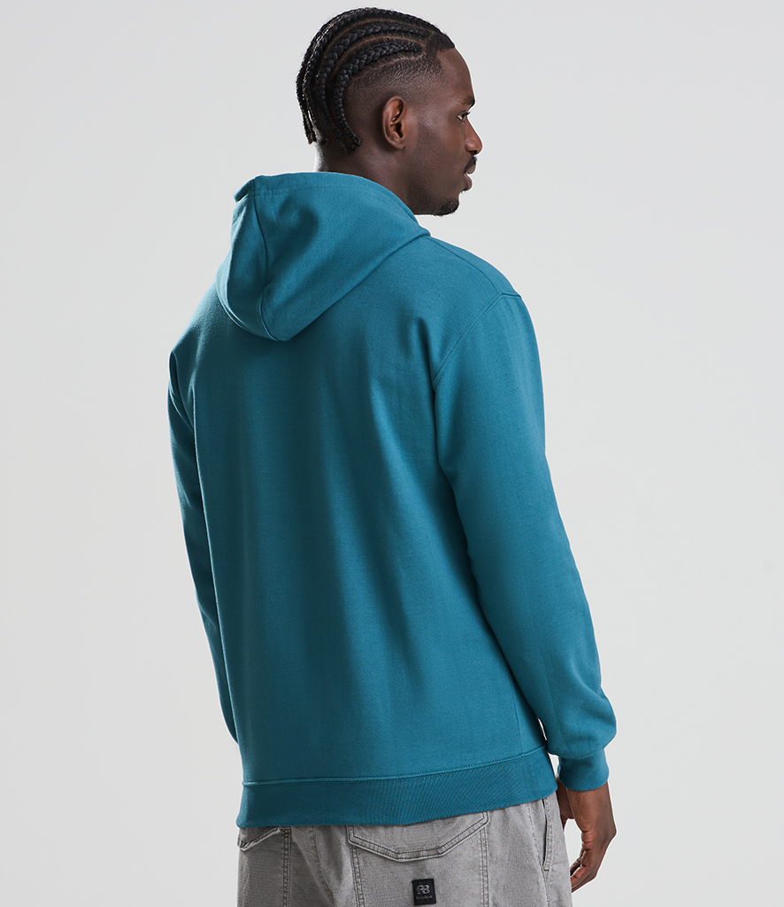 AWDis College Hoodie with brushed fleece lining, double fabric hood and heavyweight cotton-rich fabric design in teal back view.