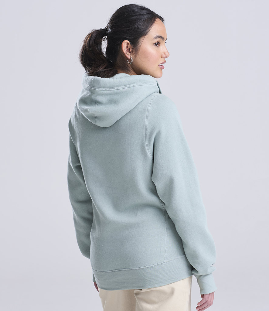 AWDis Cross Neck Hoodie with crossover hood design in dusty green back view.