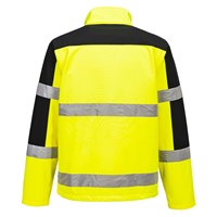 Portwest S429 hi-vis contrast softshell jacket with reflective tape, microfleece lining, zipped pockets in yellow back view.