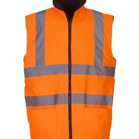 Yoko Hi-Vis Reversible Fleece Bodywarmer with waterproof outer fabric, anti-pill fleece reverse, reflective tape and full zip fastening.