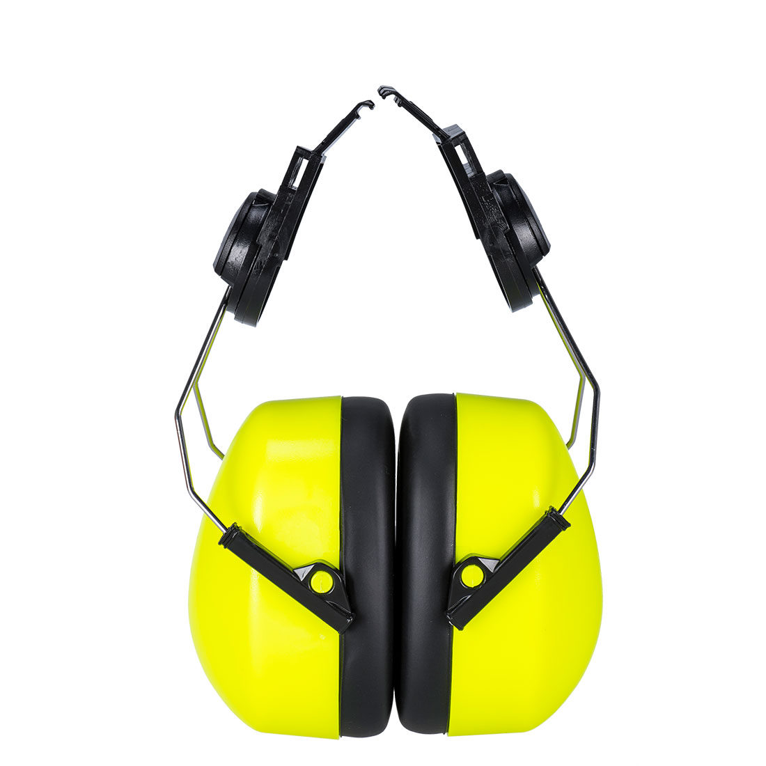 Portwest PS47 orange clip-on ear defender with adjustable helmet attachment system and lightweight hearing protection design in yellow