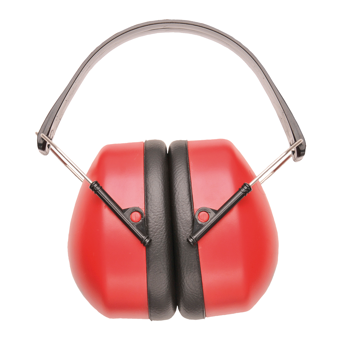 Portwest PW41 Super Ear Defender with adjustable headband, cushioned ear cups and lightweight hearing protection design in red.