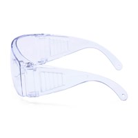 Portwest PW30 clear visitor safety spectacle with panoramic polycarbonate lens, moulded brow guard and integrated side shields side view.