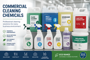 Commercial cleaning chemicals including disinfectants, sanitisers, degreasers and floor cleaners