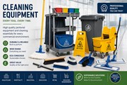 ALT text: Commercial janitorial cleaning equipment including mops, buckets, trolleys, bins and professional cleaning tools