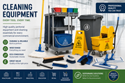 ALT text: Commercial janitorial cleaning equipment including mops, buckets, trolleys, bins and professional cleaning tools