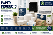 Commercial paper products including toilet rolls, hand towels, centrefeed rolls, tissues and washroom dispensers