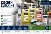 Commercial kitchen cleaning products including degreasers, washing up liquid, food safe sanitisers and dishwasher detergents