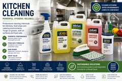 Commercial kitchen cleaning products including degreasers, washing up liquid, food safe sanitisers and dishwasher detergents