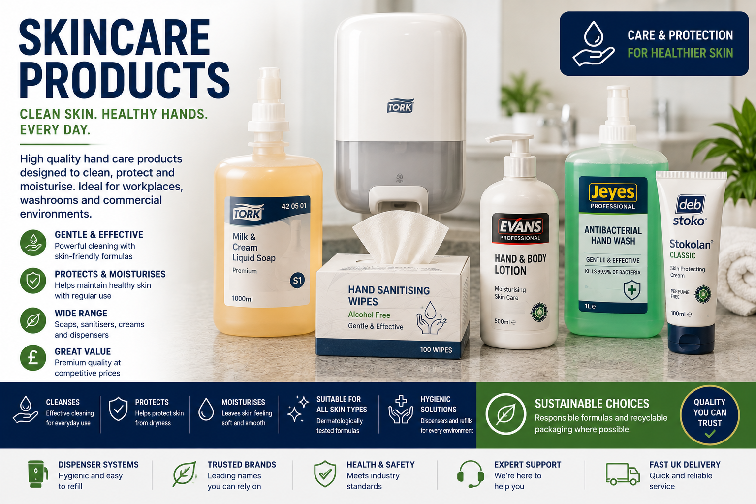 Professional skincare products including hand soap, hand sanitiser, moisturisers, barrier creams and hand wipes