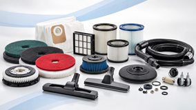 Commercial cleaning machine accessories including floor pads vacuum bags filters hoses brushes and drive boards