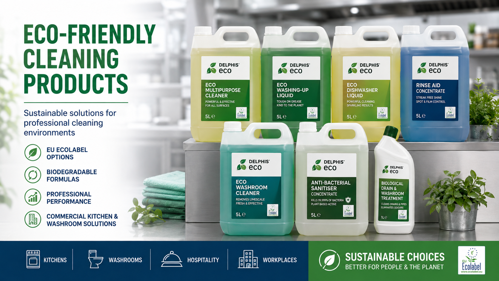 Eco-friendly commercial cleaning products including EU Ecolabel cleaners biodegradable detergents and sustainable hygiene chemicals