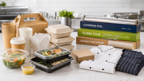Food service and catering supplies including catering foil cling film baking parchment disposable cups takeaway packaging and chefwear