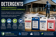 Farm detergents and livestock cleaning chemicals including foam cleaners pressure washer detergents and animal housing cleaners