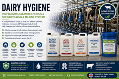 Dairy hygiene products including milking parlour cleaners milkstone removers CIP chemicals and robotic milking system cleaners