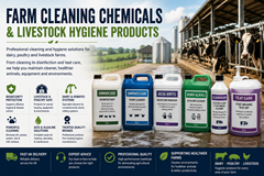 Farm cleaning chemicals and livestock hygiene products including disinfectants detergents dairy cleaners and teat care