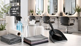 Hairdressing salon cleaning products including mirror cleaners hygiene rolls disinfectant wipes and washroom supplies