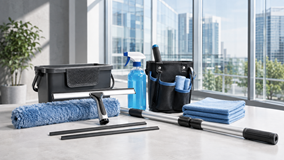 Professional window cleaning supplies including squeegees telescopic poles wash sleeves buckets microfibre cloths and glass cleaner