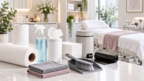 Beauty salon cleaning products including hygiene rolls disinfectant wipes hand towels and professional hygiene supplies