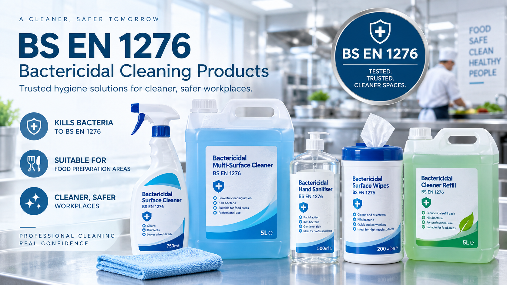 BS EN 1276 bactericidal cleaning products including disinfectant sprays wipes sanitisers and commercial cleaners