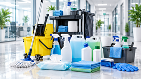 Professional cleaning supplies for cleaners and contractors including chemicals disinfectants brushes and janitorial equipment