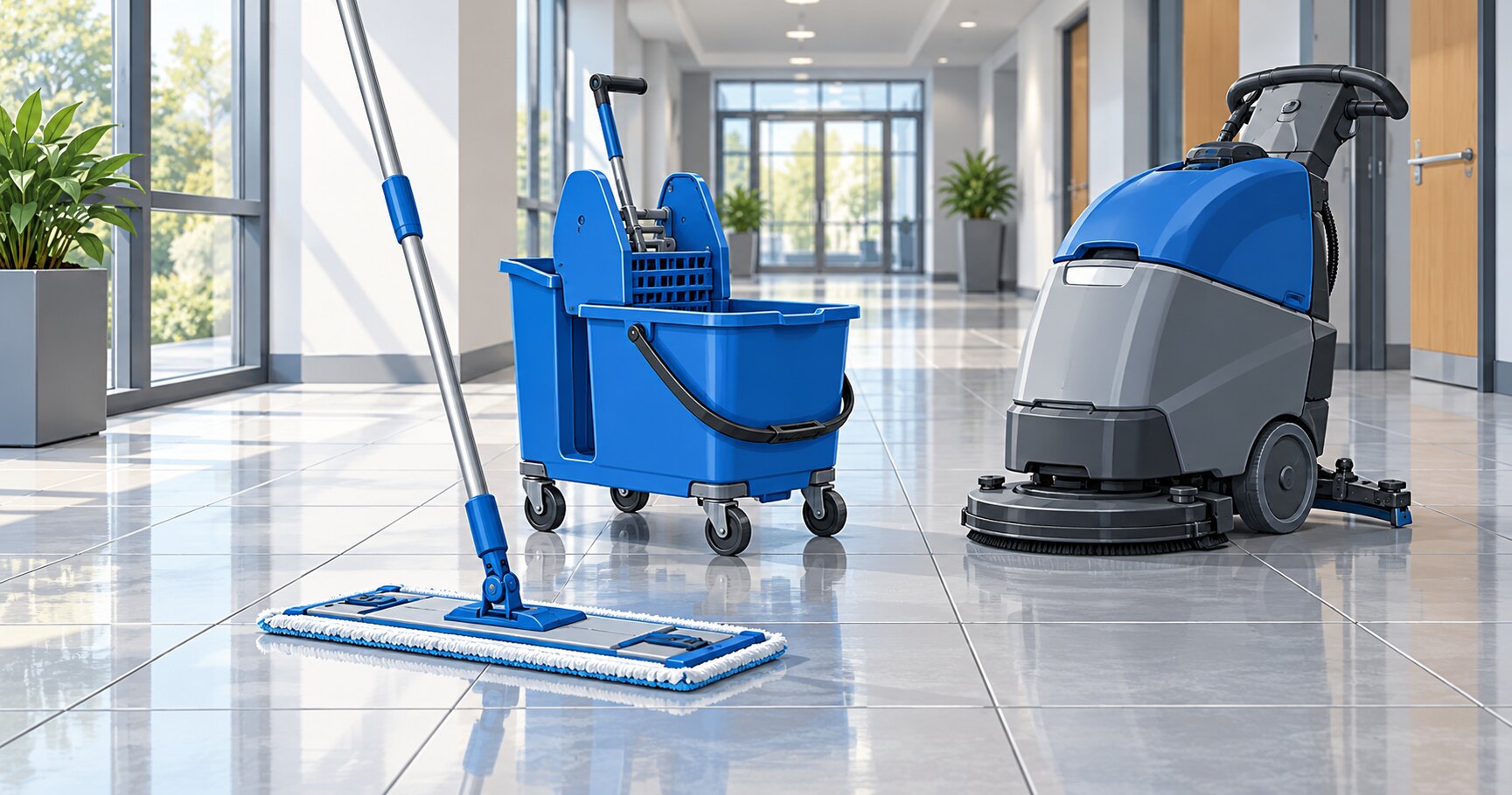Illustration of a flat mop, wheeled bucket and scrubber dryer on a tiled commercial floor